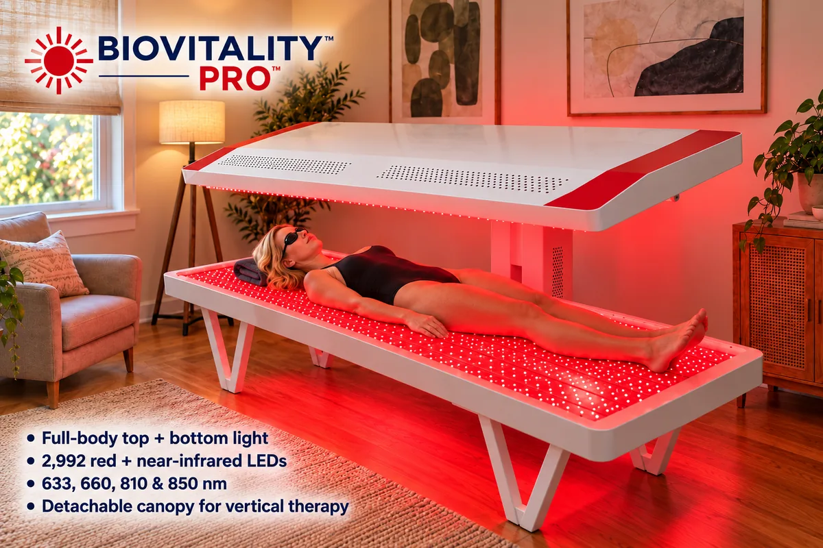 Woman resting on the BioVitality Pro bed with the canopy raised, red and near-infrared light glowing from above and below in a bright home