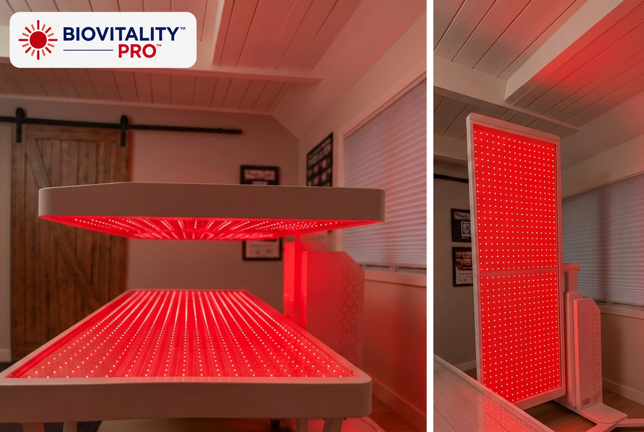 BioVitality Pro bed with its canopy above, beside the portable canopy standing alone as an upright panel