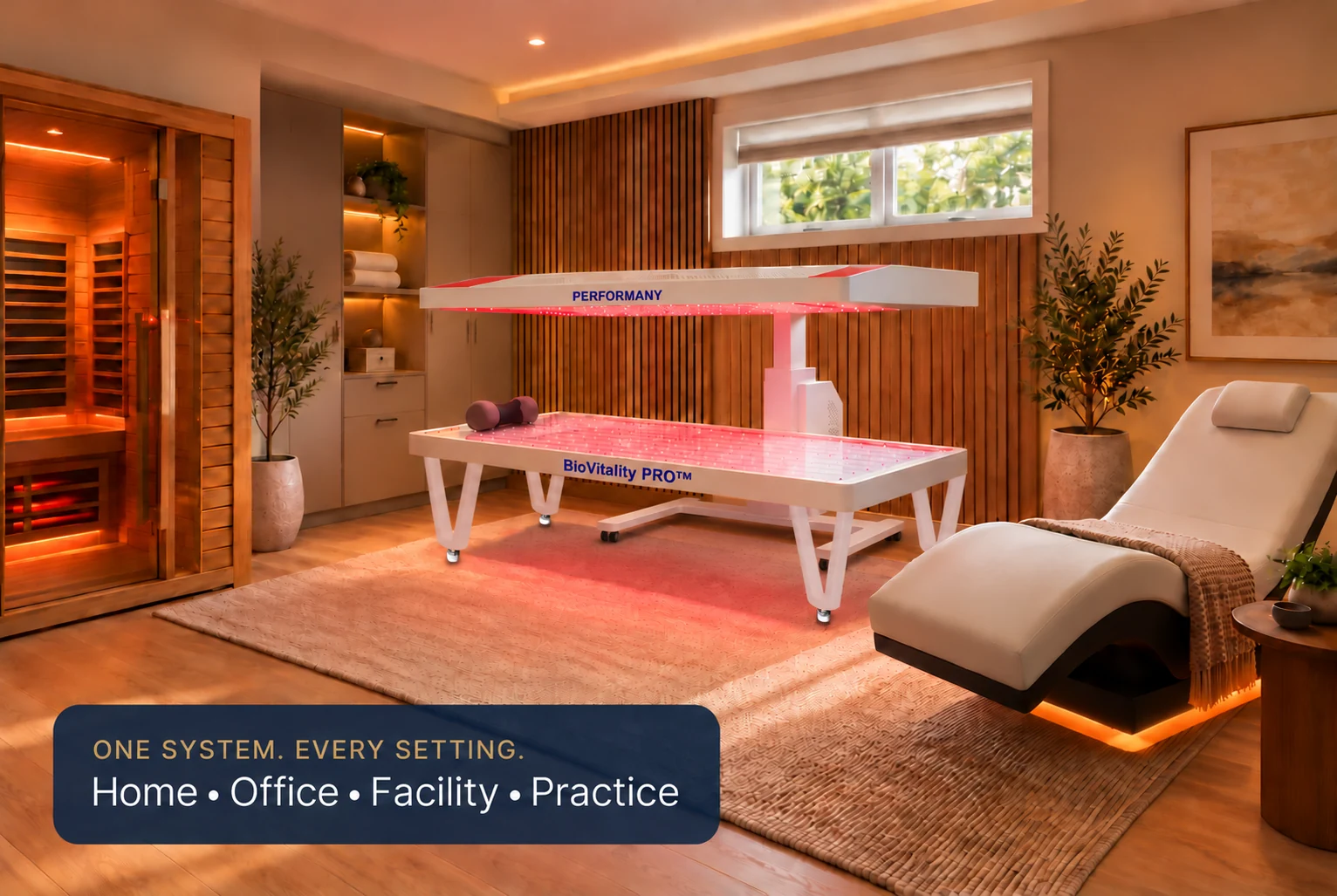 Home wellness suite with the branded BioVitality Pro bed and canopy glowing red at the center, a wooden sauna, towel cabinetry and a lounge chair. Text in the corner: One system. Every setting. Home, Office, Facility, Practice.